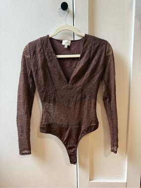 Cami NYC Brown Lace Long-Sleeve V-Neck Bodysuit
